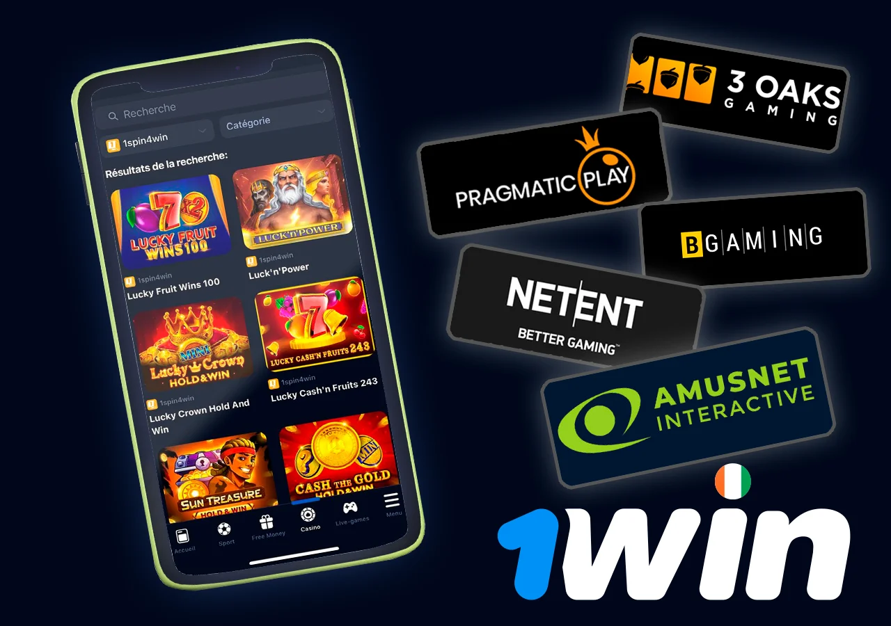 Jeux d'un fournisseur ouverts sur le téléphone, à côté d'icônes de divers autres fournisseurs