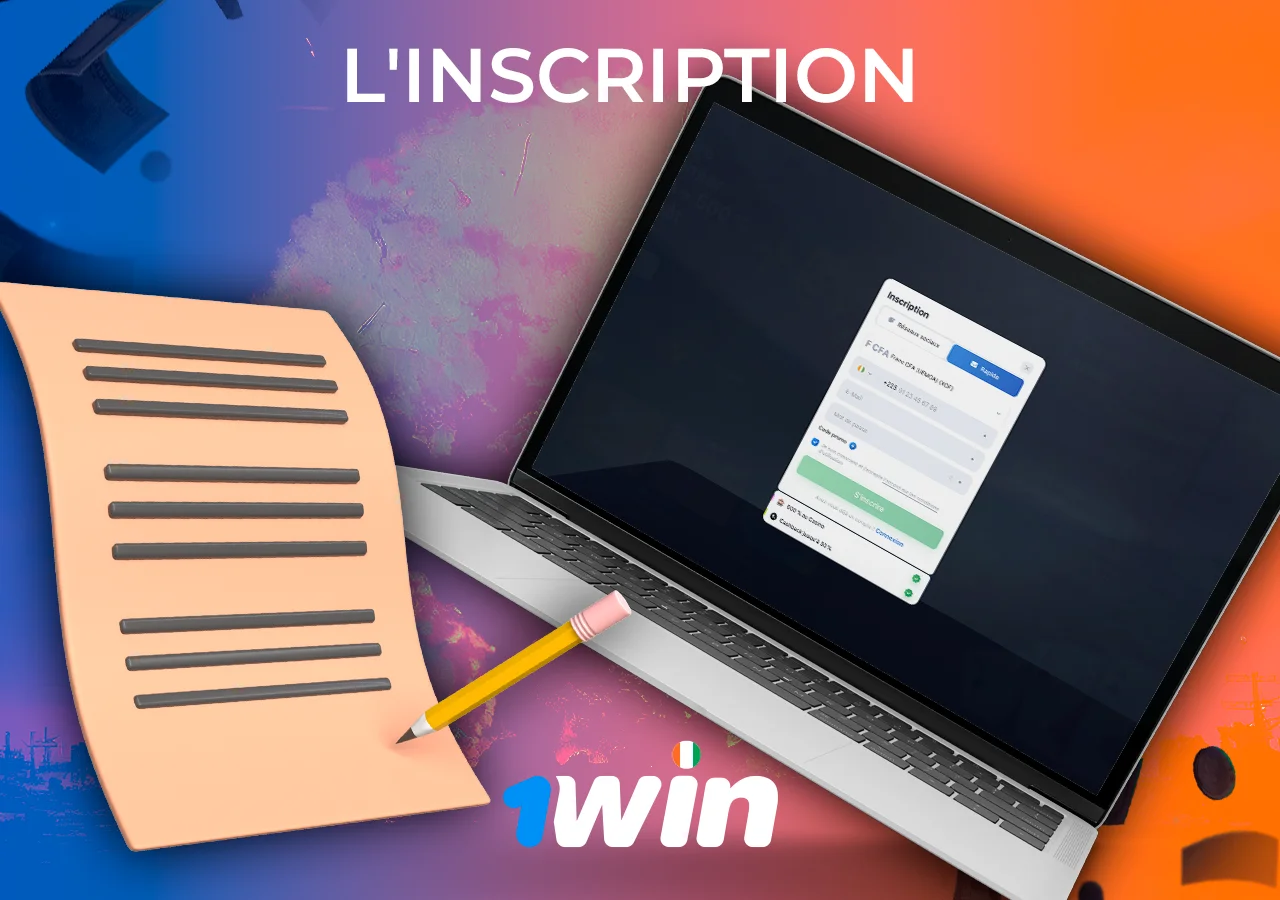 Ordinateur portable avec un formulaire d'enregistrement de nouveaux utilisateurs sur 1Win