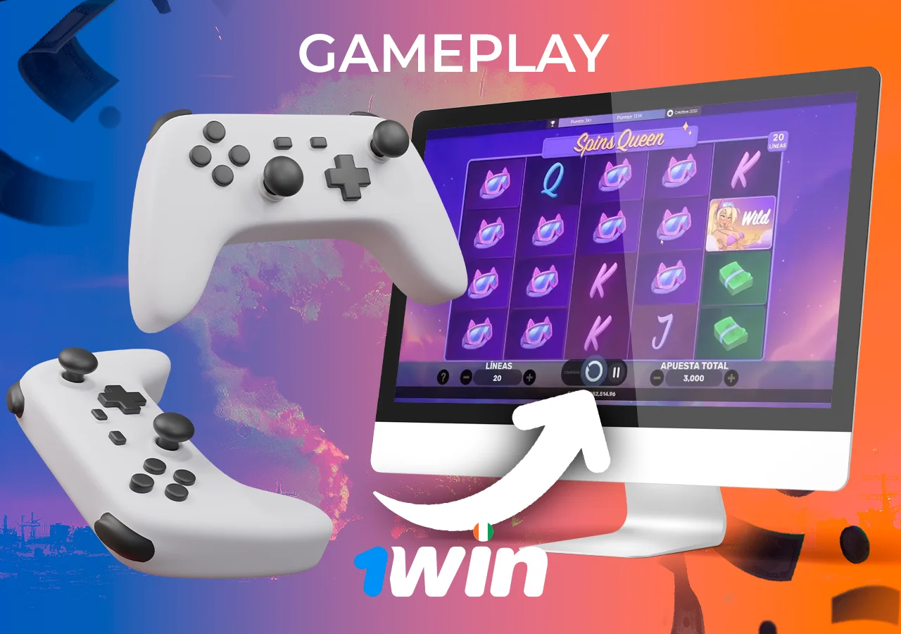 Moniteur avec le jeu Spins Queen et une flèche indiquant comment jouer